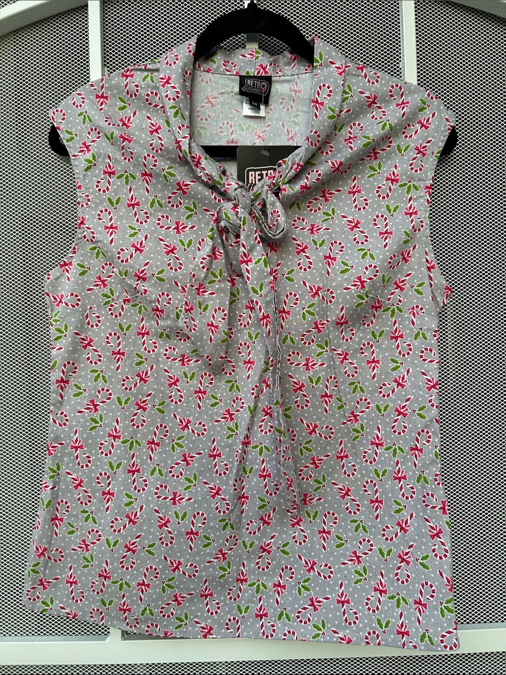 Women's Gray Tie-Neck Candy Cane Print Top